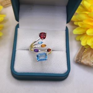 Multi Gemstone Open Ring, Blue Topaz Garnet Amethyst Ring, Colorful Statement Ring, 925 Sterling Silver Ring, Unique Boho Jewelry Gift