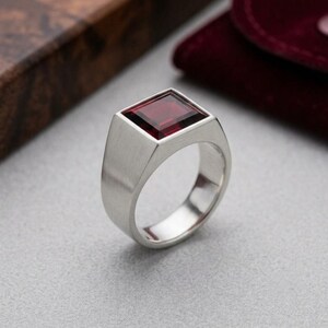 Princess Cut Men's Garnet Ring, 925 Sterling Silver Signet Ring, Deep Red Ruby Signet Ring, Geometric Minimalist Ring for Him