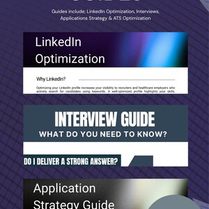 May include: A purple and white graphic with the text "PROFESSIONAL GUIDES" and subheadings for LinkedIn Optimization, Interview Guide, and Application Strategy Guide. The graphic is "OPTIMIZED FOR 2026".