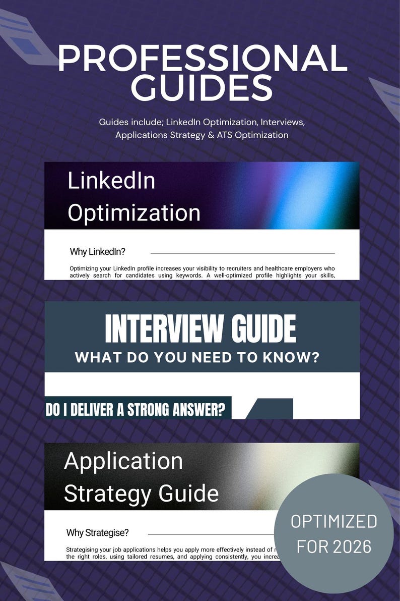 May include: A purple and white graphic with the text "PROFESSIONAL GUIDES" and subheadings for LinkedIn Optimization, Interview Guide, and Application Strategy Guide. The graphic is "OPTIMIZED FOR 2026".
