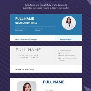 May include: A professional resume template with a dark blue background and white text. The design includes sections for full name, occupation, contact information, work experience, and skills. The text "Guaranteed Results" is at the top.
