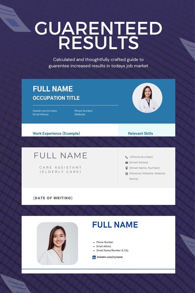 May include: A professional resume template with a dark blue background and white text. The design includes sections for full name, occupation, contact information, work experience, and skills. The text "Guaranteed Results" is at the top.