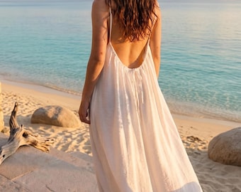Bohemian cotton and linen dresses, backless dresses, simple white dresses, sleeveless summer dresses, beach vacation dresses, flowy dresses
