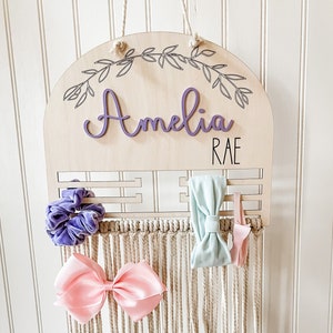 Personalized Hair Bow Organizer, Bow Holder Nursery Decor, Wall Hanging Bow Storage, Bow Holder with Macrame, Baby Girl Hair Accessories