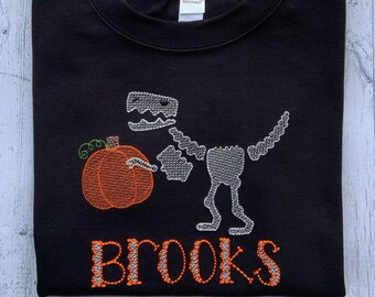 Boys Dinosaur Skeleton Pumpkin Halloween Personalized Embroidered Shirt