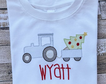 Boys Embroidered Tractor Truck Christmas Tree Personalized Shirt