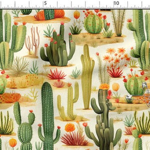 Pode incluir: Ilustração em aquarela de vários cactos em uma paisagem desértica. O design apresenta cactos verdes com flores vermelhas, flores laranja e plantas do deserto em um fundo creme. A imagem inclui uma régua com medidas em centímetros.