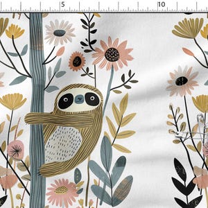 May include: A fabric print featuring a cartoon sloth clinging to a tree trunk, surrounded by stylized flowers in shades of pink, yellow, and white. The background is white, and the design has a whimsical, nature-inspired theme.