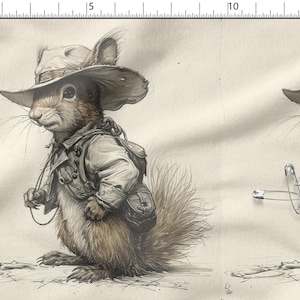May include: Illustration of two squirrels dressed in vintage explorer attire, complete with hats, jackets, and backpacks. The squirrels are rendered in a detailed, sepia-toned style, evoking a sense of adventure and whimsy. The image is set against a neutral background.