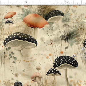 May include: A fabric featuring a repeating pattern of mushrooms in shades of orange, black, and white, set against a light beige background with thin, wispy botanical elements. A silver safety pin is attached to the fabric near the right edge.