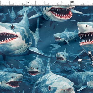 May include: A fabric design featuring multiple white and blue sharks with open mouths and visible teeth. The sharks are set against a dark blue background, creating a dynamic underwater scene. Safety pins are also visible.
