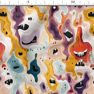 Könnte beinhalten: Ein farbenfrohes Stoffmuster mit abstrakten Monstergesichtern in Orange, Gelb, Lila und Blau. Das Design zeigt verschiedene offene Münder mit scharfen Zähnen und einen geschichteten topografischen Effekt.