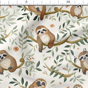 May include: Fabric with a repeating pattern of sloths on branches with green leaves and small orange flowers. The sloths are brown with black eyes and are in various poses. The background is off-white.