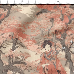 May include: A fabric featuring a Japanese-inspired design. The illustration depicts a woman in a kimono surrounded by cherry blossom trees. The color scheme includes peach, grey, and beige, creating a tranquil and artistic feel.