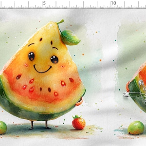 May include: A white fabric featuring a repeating watercolor illustration of a smiling yellow watermelon slice with a green rind, black seeds, and a small green leaf. A small red strawberry sits near the base, and a metal safety pin is attached.