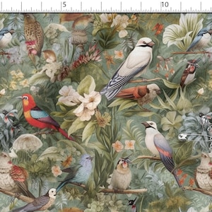 May include: Fabric with a detailed bird and floral pattern. The design features various colorful birds perched among lush green foliage and white flowers. The overall color palette is muted with shades of green, brown, and cream.
