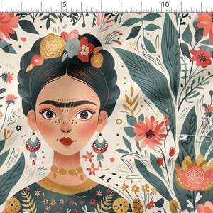 May include: A fabric print featuring a repeating illustration of a person with dark hair styled in a braided crown adorned with flowers, wearing dangling earrings and a necklace, set against a cream background with coral and teal botanical motifs.
