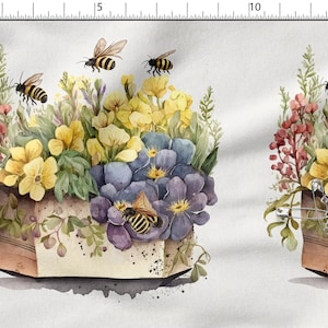 Könnte beinhalten: Aquarell-Illustration eines Blumenarrangements mit gelben, lila und roten Blumen und grünem Laub. Mehrere Bienen fliegen um die Blumen herum. Die Blumen befinden sich in einem braunen Behälter. Der Hintergrund ist weiß.