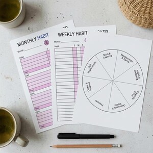 Könnte beinhalten: Eine Sammlung von Habit-Tracker-Vorlagen mit rosa Akzenten, einem Stift und einem Bleistift. Die Vorlagen umfassen einen monatlichen Habit-Tracker, einen wöchentlichen Habit-Tracker und ein Rad-Diagramm für verschiedene Lebensbereiche. Zwei Teetassen und ein Weidenkorb sind ebenfalls vorhanden.