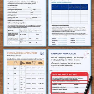 May include: A set of four printed diabetes tracker pages with blue borders, including a care team dashboard, medication schedule, hydration log, weekly lifestyle trends, and a red emergency medical card with a black pen resting on the side.