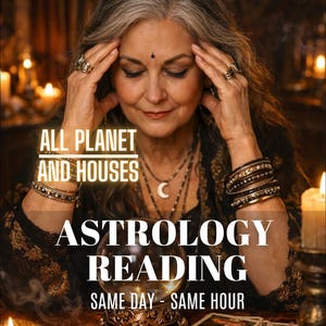 May include: A person with long gray hair wearing multiple silver rings and bracelets, positioned behind a crystal ball and tarot cards. Text overlay reads: ALL PLANET AND HOUSES ASTROLOGY READING SAME DAY - SAME HOUR. The scene is lit by several candles.