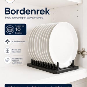 Pode incluir: Um escorredor de pratos preto com dez pratos brancos, contendo o texto Bordenrek, Made in Belgium, Geschikt voor 10 borden, Ruimtebesparend, Mooi in elke keukenkast, Houdt borden netjes en overzichtelijk, Stevig en duurzaam, Hoogwaardige kwaliteit.
