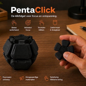 May include: A black PentaClick fidget toy with a spherical shape and a smaller, five-sided star-shaped component. The text reads PentaClick, De klikfidget voor focus en ontspanning, Stress verlichtend, Verbeterd focus, Tevreden klikken, Zakformaat & draagbaar, Duurzaam ontwerp, Hoogwaardige materialen, Satisfying klikkerervaring.