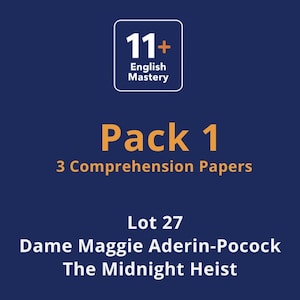 May include: A navy blue graphic with white text and a white square with the text "11+ English Mastery". The text "Pack 1" is in orange, and below it, "3 Comprehension Papers". Below is "Lot 27" and the author's name and book title.