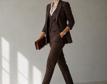 Brown Linen Suit for Women, Tailored Blazer Set, High Waist Trousers, Wedding Guest Outfit