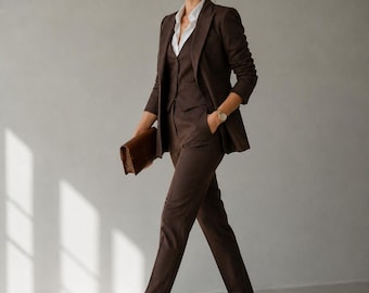 Brown Linen Suit for Women, Tailored Blazer Set, High Waist Trousers, Wedding Guest Outfit