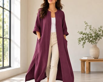 Mulberry Linen Long Kaftan for Women, Robe Style Kimono, Casual Summer Outfit, Shrug Dress