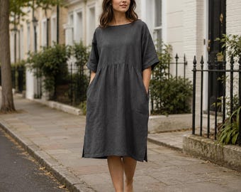 Grey Linen A Line Dress, Boat Neck Straight Summer Outfit with Pockets, Kimono Sleeves