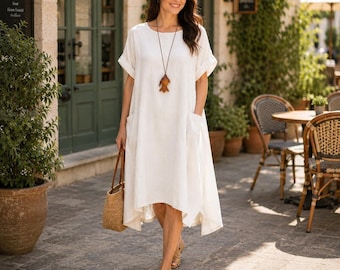 White Oversized Linen Dress, Roll-Up Sleeve Swing Tunic, Boho summer Outfit