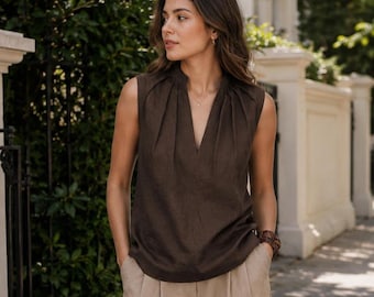 Espresso Linen Sleeveless Top, V neck loose Tops, Boho Summer outfit, Relaxed Fit Pleated Blouse