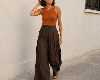 Washed Linen Pant for women, Pleated Palazzo,  High Waist Pants, Wide Leg Trousers