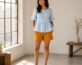 Washed Linen Ruffle Top, Minimalist Summer Beach Tops for Girls, Boho Outfit, Women's blouse