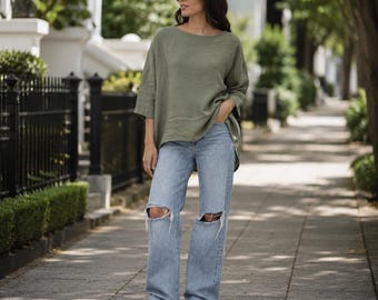 Washed Linen Top, Boho Summer Blouse, Round Neck, High Low Hem
