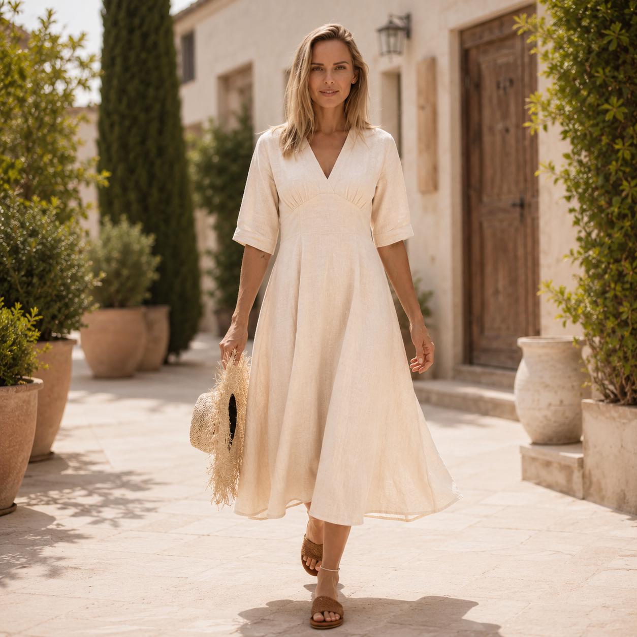 loose fitting cotton summer dresses Baxtayel Womens Linen A-line Dress Casual 3/4 Sleeve Wrap V Neck Midi Fit Beach Vacation Dress Army Green at Amazon Women's Clothing store Five solid colors suit A-line V Neck Light Color:Cloudy Blue margaret howell
