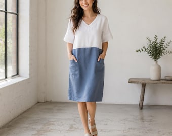 Bi color washed Linen Shirt Dress for Women, Handcrafted V-Neck Summer Outfit