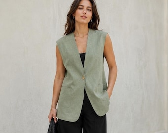Green Washed Linen waistcoat, Formal Business Sleeveless Blazer, Tailored vest Outfit for Women