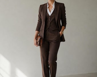 May include: A dark brown three-piece suit consisting of a tailored blazer, a button-up vest, and matching trousers. The suit is worn over a crisp white collared shirt. A small brown leather clutch is held in one hand, and beige heeled sandals are worn.
