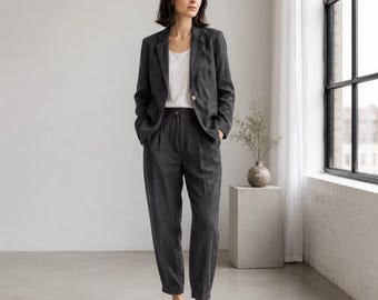 Grey Linen 2 Piece Blazer Suit for Women, One Button Jacket, Office Outfit