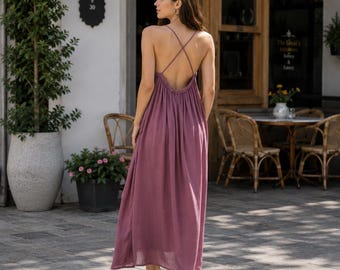Mulberry Linen Dress for Women, Low back Sleeveless Maxi Dresses, Spaghetti Strap Outfit