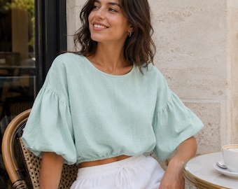 Mint Linen Bubble Sleeves Crop Blouson Top, Summer Tops for UK Girls
