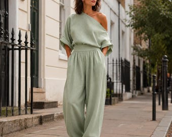 Washed Linen 2 Piece Set, Off the Shoulder Top with Pants, Summer Co-ord Outfit