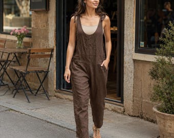 Espresso Linen Jumpsuit,  Flax Romper, Spring Women's playsuit