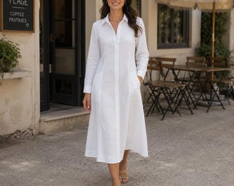 White Linen Shirt Dress for Women, Side Pockets Spring Summer Outfit, Maxi dresses