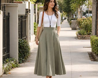 Long Linen Maxi Skirt for Women, High Waist Flared Skirts, Spring Summer Swing Skirt