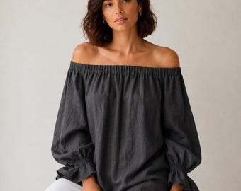 Grey Washed Linen Flax Tunic, Off the shoulder Top, Over sized Tops