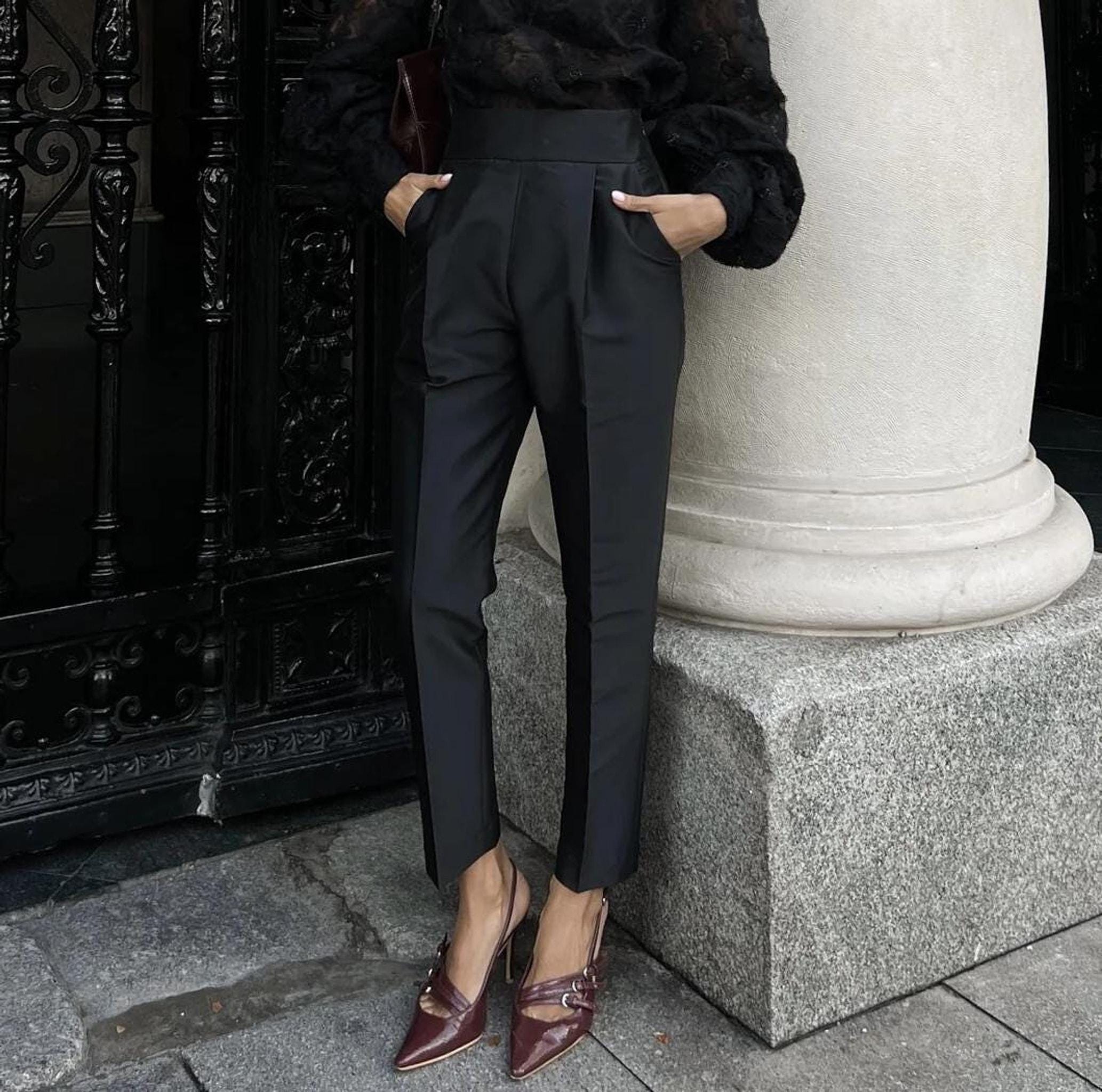 High Waisted Pant Black Satin Silk for Women, Waist Formal Office Trousers